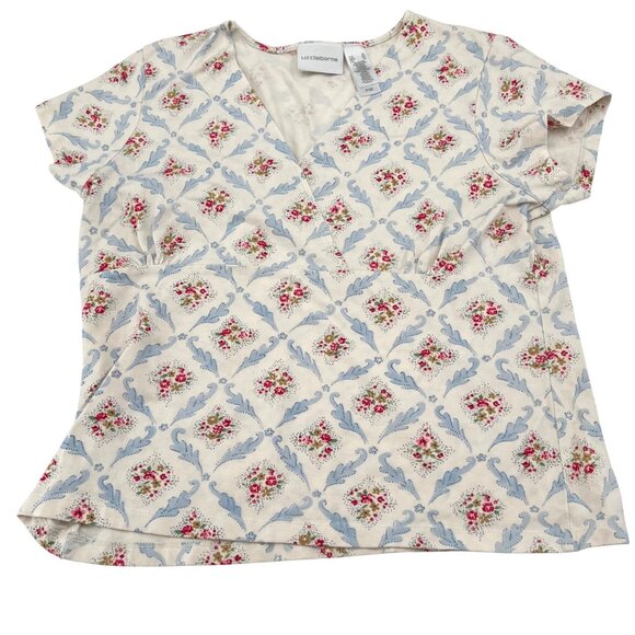 Liz Claiborne Women's Floral Patterned V-Neck Top XL Short Sleeve Vintage 90s - Picture 1 of 7